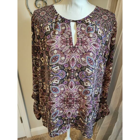 J Jill Tunic Top Floral Bell Sleeve Blouse Keyhole Boho Mosaic Hippie XL - Picture 1 of 10